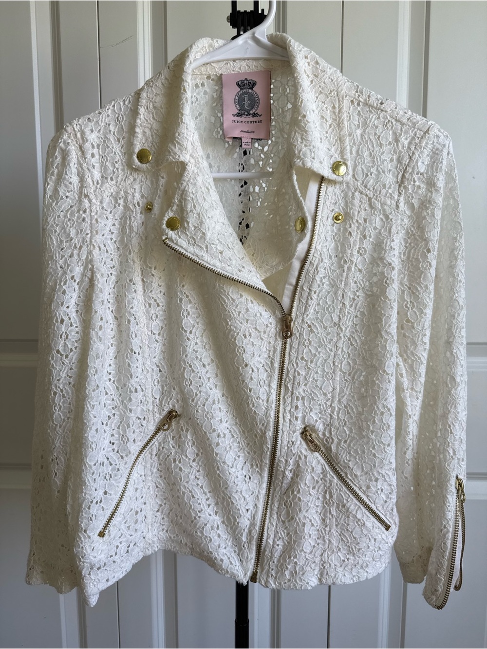 Juicy Couture White Lace Crochet Moto Jacket M Y2K Coquette Boho Festival